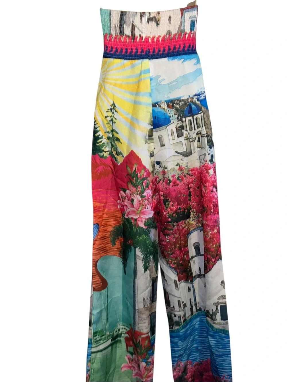 Endless Moon S Strapless Tropical Print Wide-Leg Jumpsuit - Pink Multi